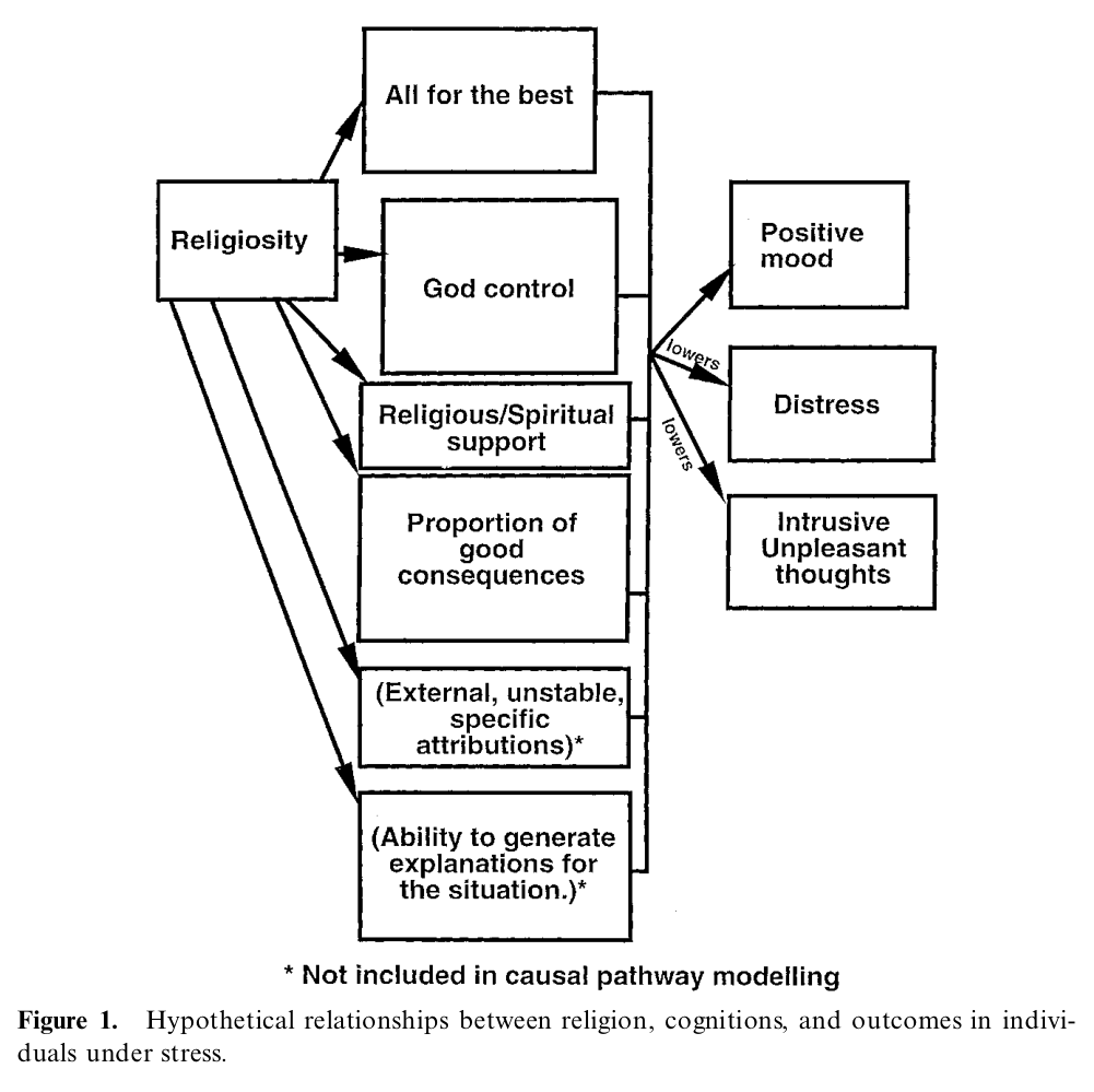 Figure 1. Hypothetical relationships between religion, cognitions, and outcomes in individuals under stress.