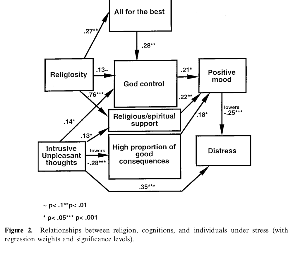 Figure 2. Relationships between religion, cognitions, and individuals under stress (with regression weights and significance levels).